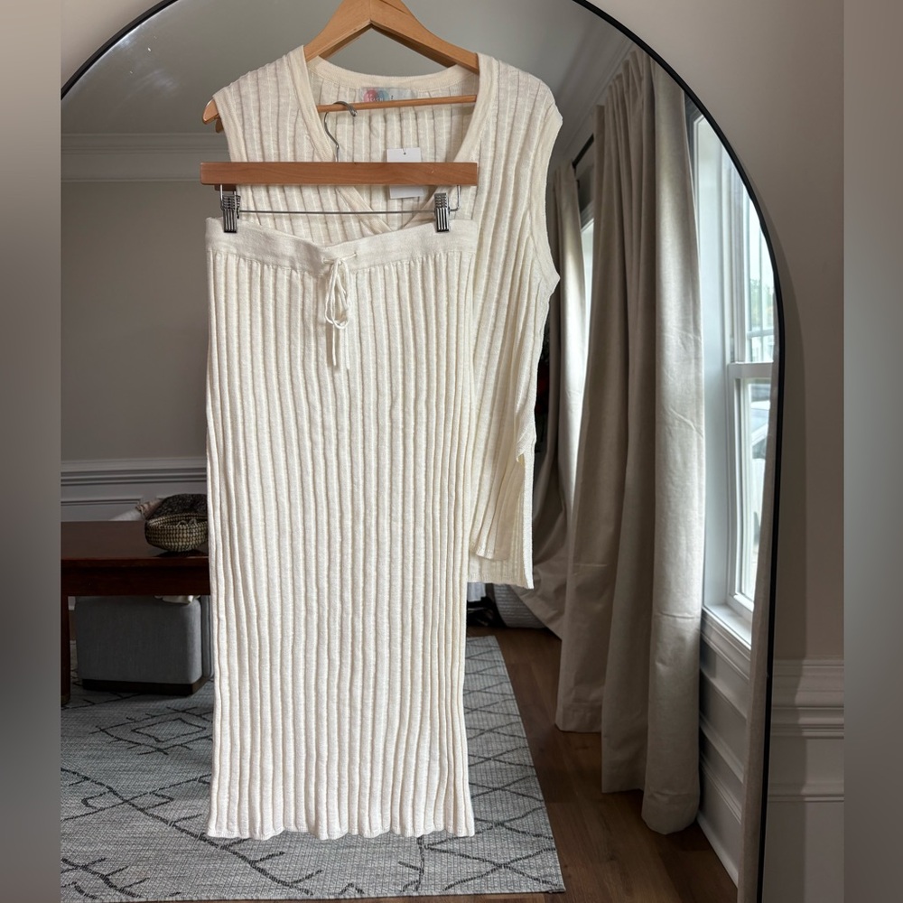Free People Beach Cream Ribbed Knit Top and Skirt Set